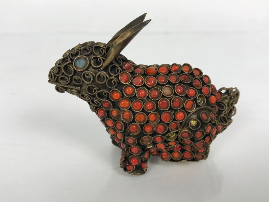 Old Nepalese Tibetan Brass Filigree Small Rabbit With Inlayed Coral