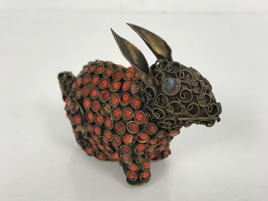 Old Nepalese Tibetan Brass Filigree Small Rabbit With Inlayed Coral [Photo 8]