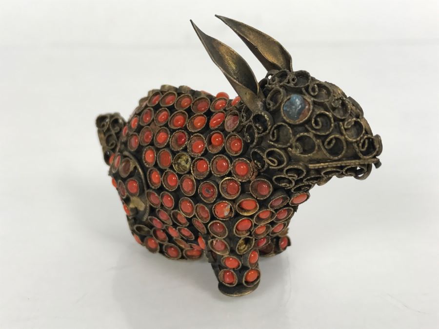 Old Nepalese Tibetan Brass Filigree Small Rabbit With Inlayed Coral [Photo 9]