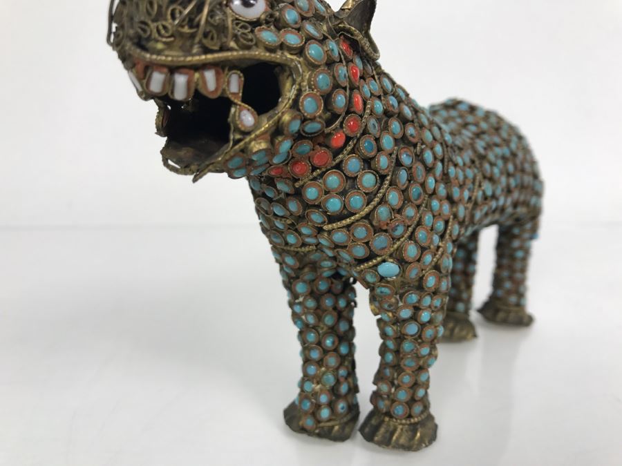 Old Nepalese Tibetan Brass Filigree Tiger Lion With Inlayed Turquoise And Coral [Photo 5]