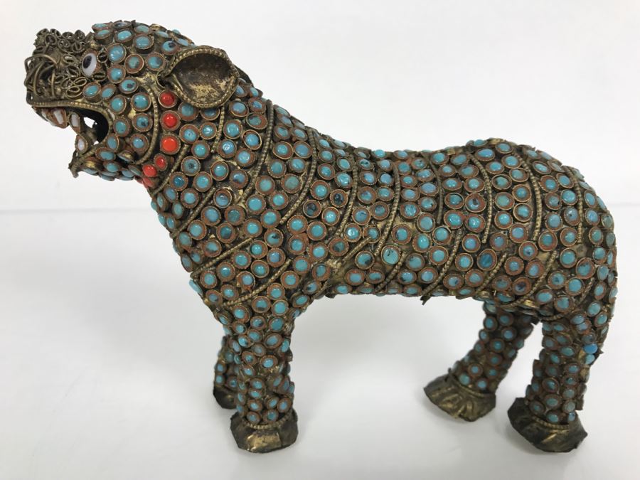 Old Nepalese Tibetan Brass Filigree Tiger Lion With Inlayed Turquoise And Coral