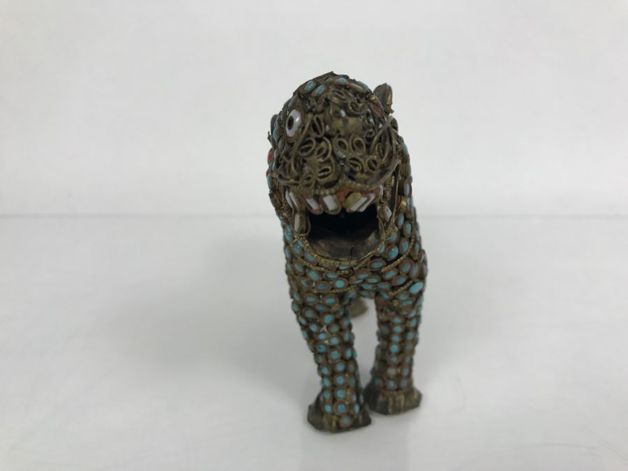 Old Nepalese Tibetan Brass Filigree Tiger Lion With Inlayed Turquoise And Coral [Photo 7]