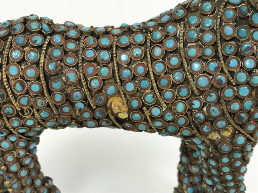 Old Nepalese Tibetan Brass Filigree Tiger Lion With Inlayed Turquoise And Coral [Photo 12]