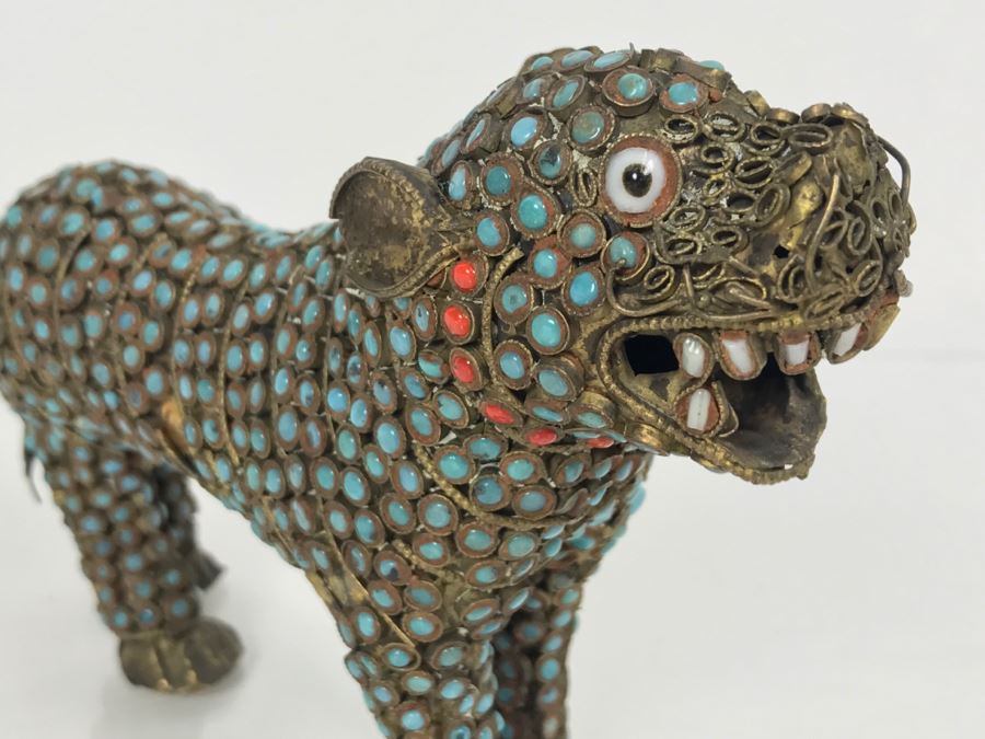 Old Nepalese Tibetan Brass Filigree Tiger Lion With Inlayed Turquoise And Coral [Photo 9]