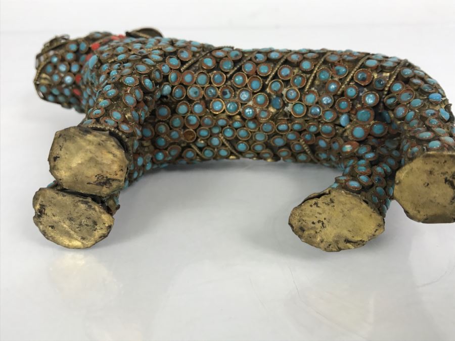 Old Nepalese Tibetan Brass Filigree Tiger Lion With Inlayed Turquoise And Coral [Photo 17]
