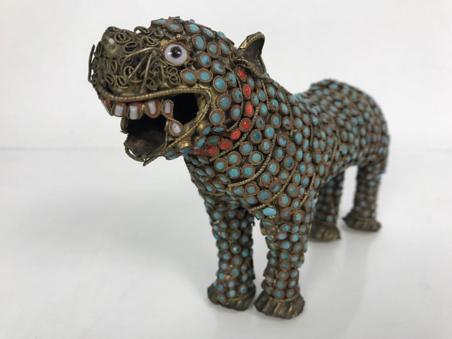 Old Nepalese Tibetan Brass Filigree Tiger Lion With Inlayed Turquoise And Coral [Photo 4]