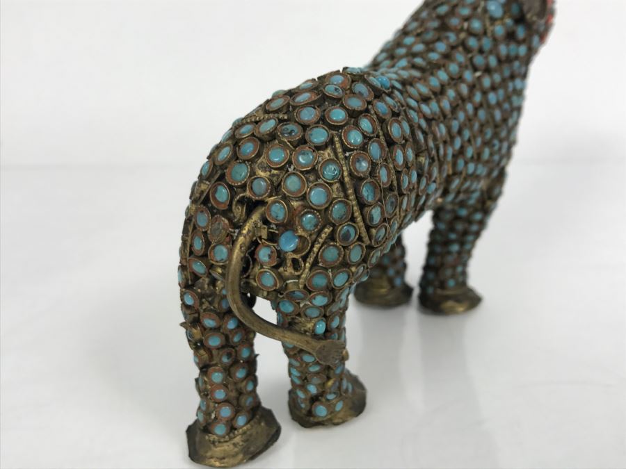 Old Nepalese Tibetan Brass Filigree Tiger Lion With Inlayed Turquoise And Coral [Photo 14]