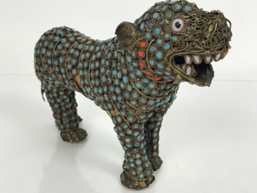 Old Nepalese Tibetan Brass Filigree Tiger Lion With Inlayed Turquoise And Coral [Photo 10]