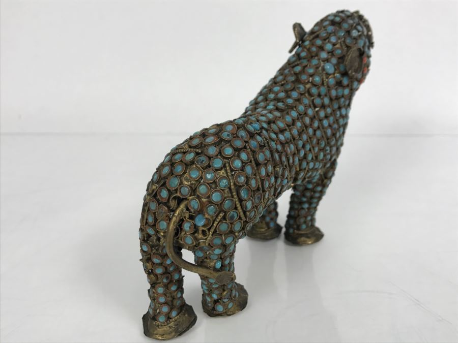 Old Nepalese Tibetan Brass Filigree Tiger Lion With Inlayed Turquoise And Coral [Photo 13]