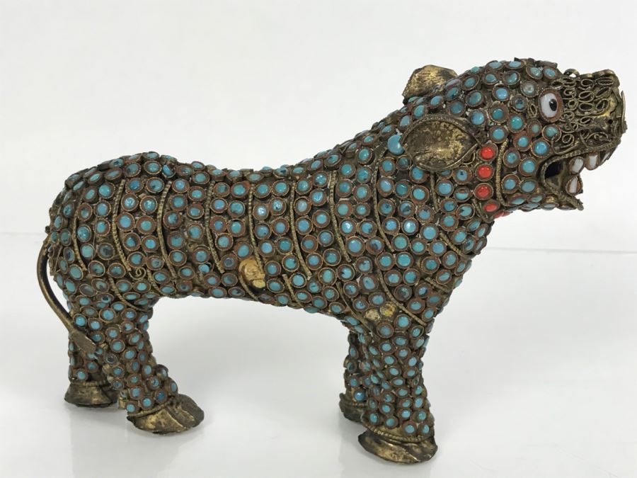 Old Nepalese Tibetan Brass Filigree Tiger Lion With Inlayed Turquoise And Coral [Photo 11]