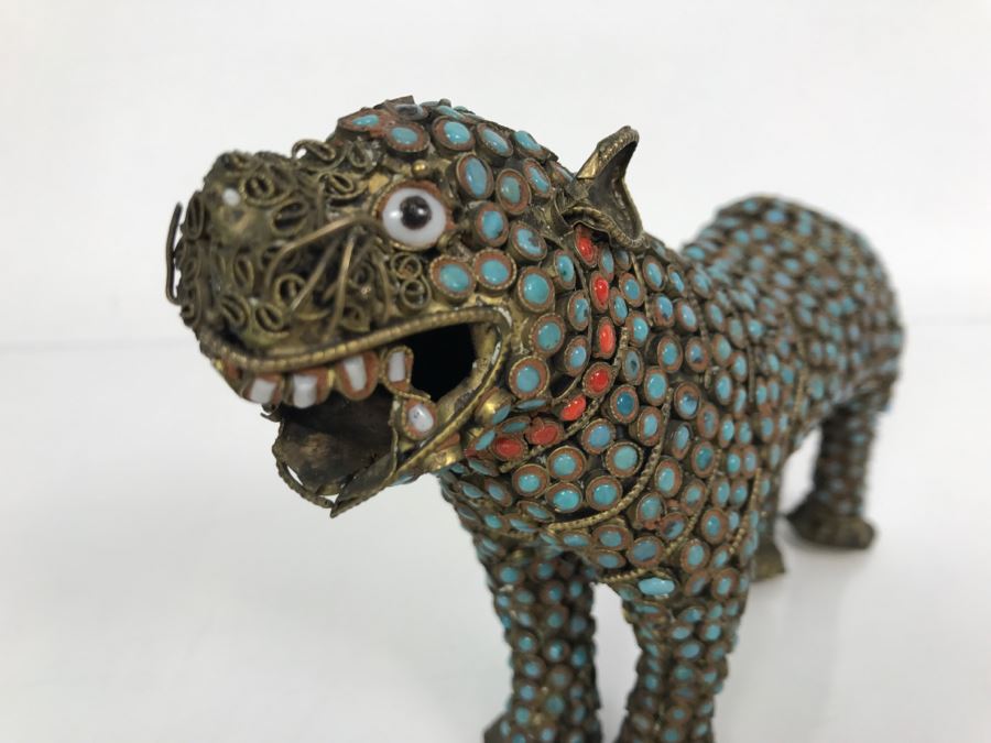 Old Nepalese Tibetan Brass Filigree Tiger Lion With Inlayed Turquoise And Coral [Photo 6]