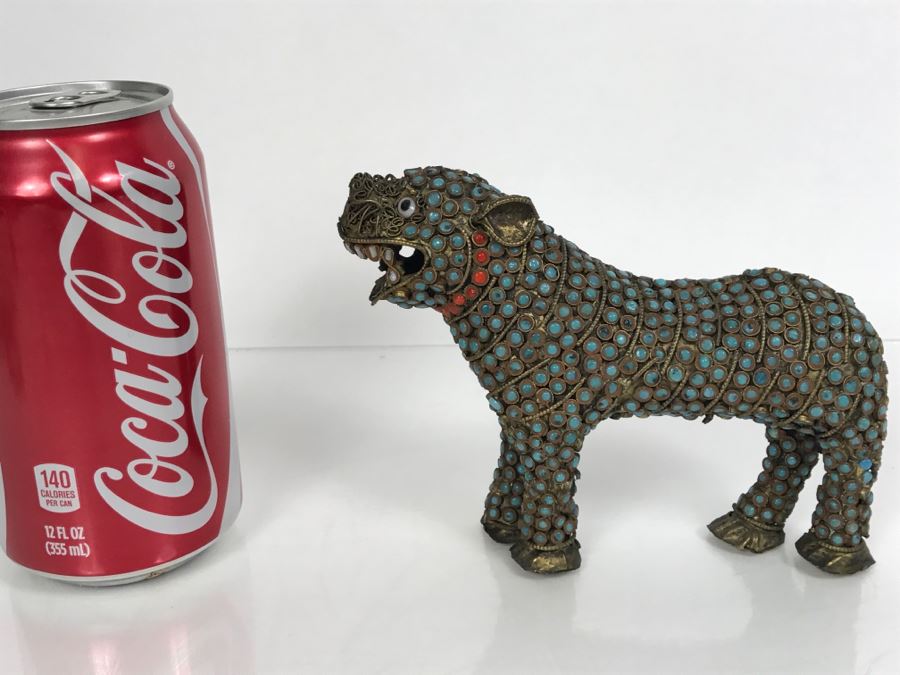 Old Nepalese Tibetan Brass Filigree Tiger Lion With Inlayed Turquoise And Coral [Photo 2]