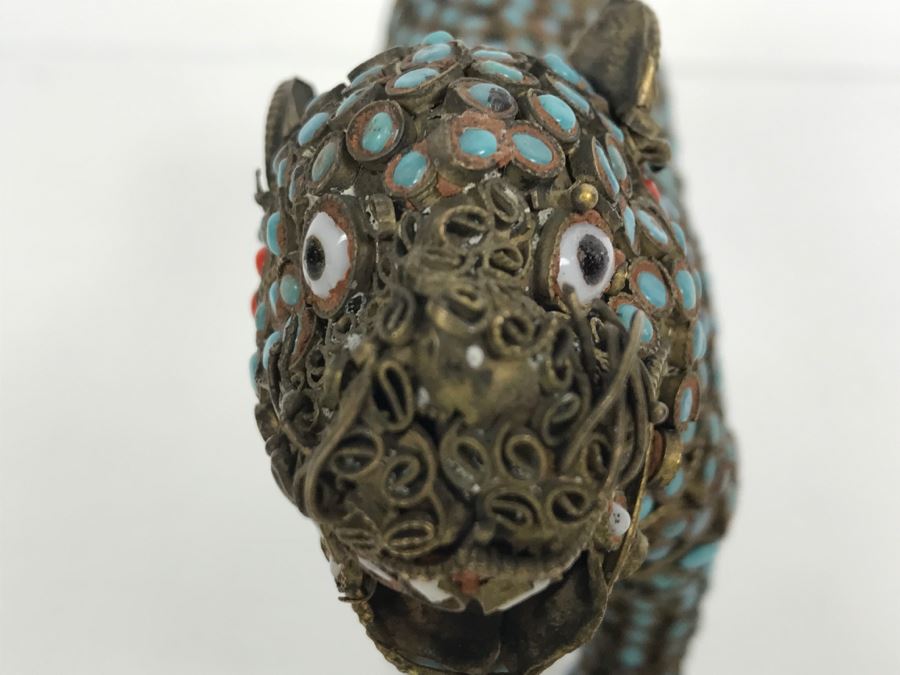 Old Nepalese Tibetan Brass Filigree Tiger Lion With Inlayed Turquoise And Coral [Photo 8]