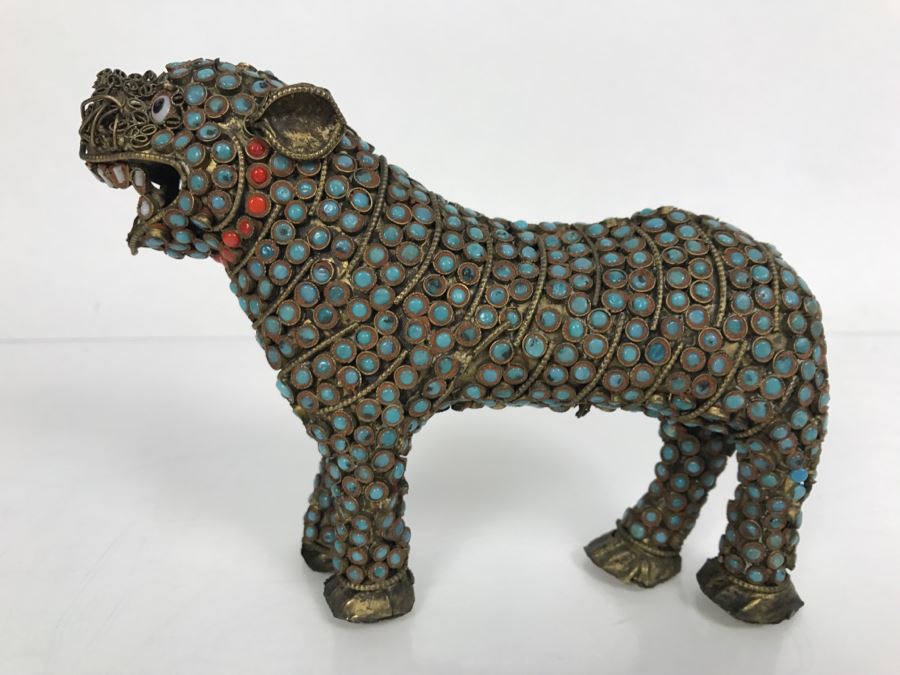 Old Nepalese Tibetan Brass Filigree Tiger Lion With Inlayed Turquoise And Coral [Photo 3]
