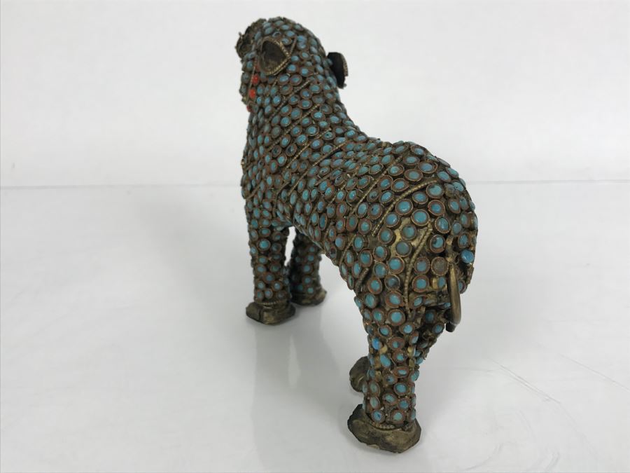 Old Nepalese Tibetan Brass Filigree Tiger Lion With Inlayed Turquoise And Coral [Photo 15]