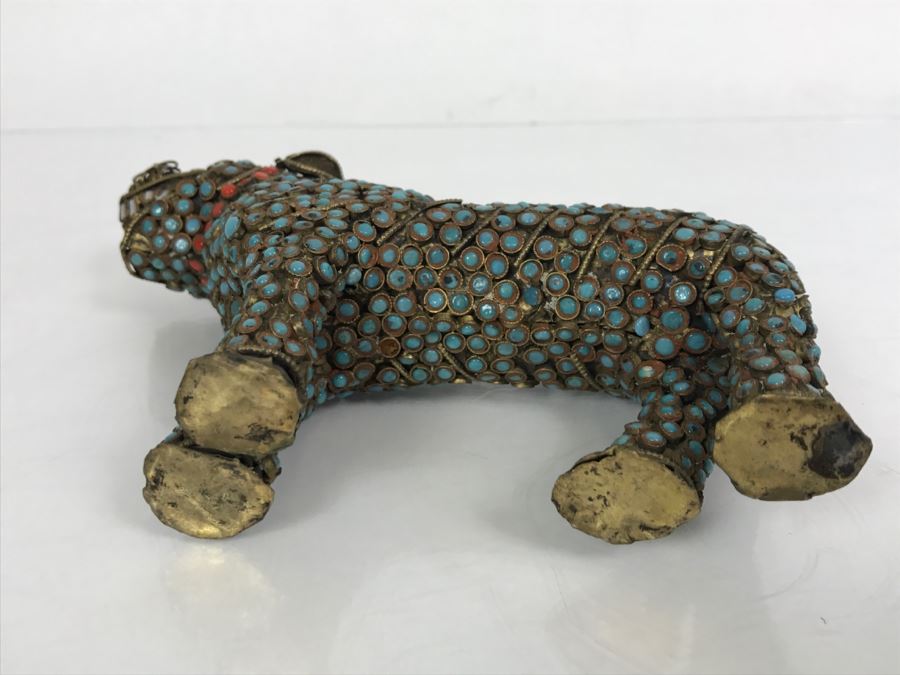 Old Nepalese Tibetan Brass Filigree Tiger Lion With Inlayed Turquoise And Coral [Photo 16]