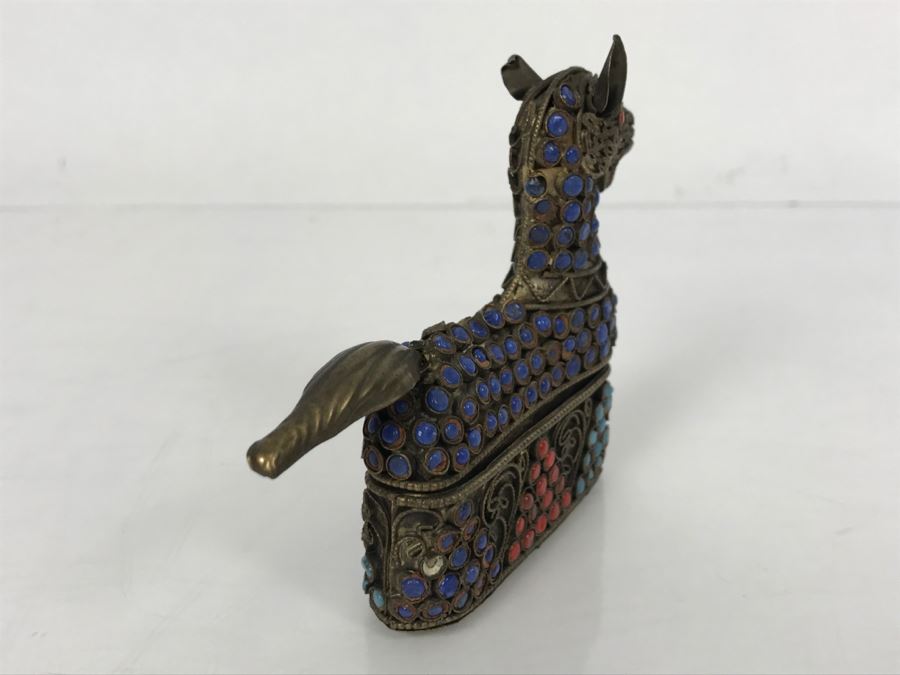 Old Nepalese Tibetan Brass Filigree Horse Trinket Box With Inlayed Coral, Turquoise And Lapis Lazuli [Photo 11]