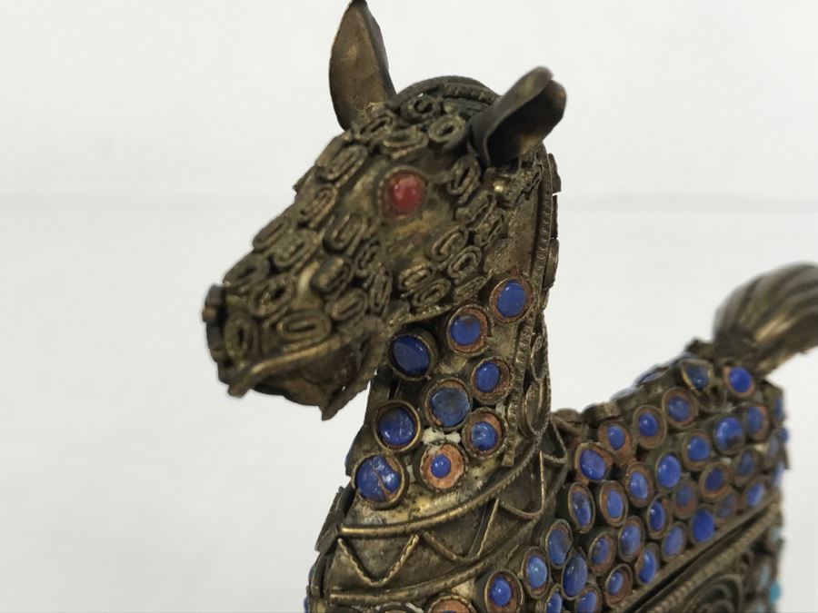 Old Nepalese Tibetan Brass Filigree Horse Trinket Box With Inlayed Coral, Turquoise And Lapis Lazuli [Photo 7]