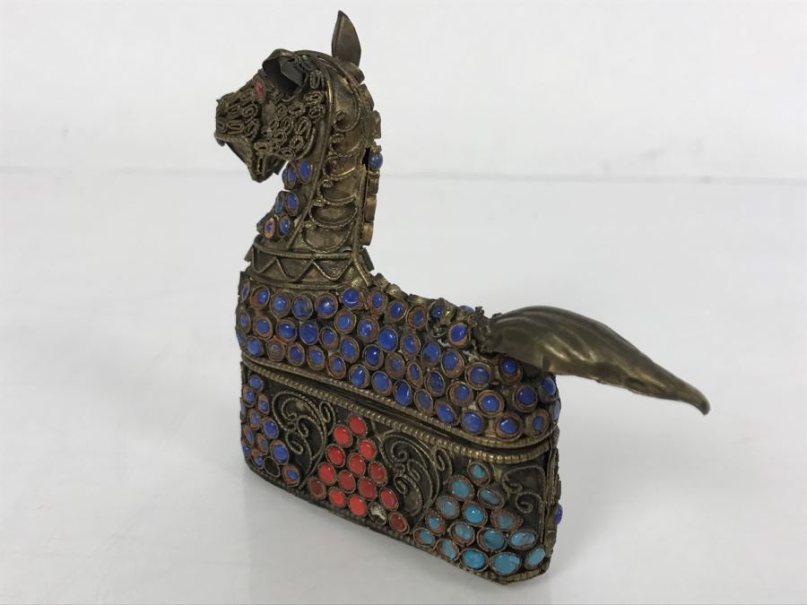 Old Nepalese Tibetan Brass Filigree Horse Trinket Box With Inlayed Coral, Turquoise And Lapis Lazuli [Photo 12]