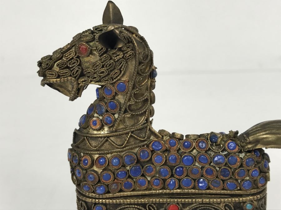 Old Nepalese Tibetan Brass Filigree Horse Trinket Box With Inlayed Coral, Turquoise And Lapis Lazuli [Photo 4]