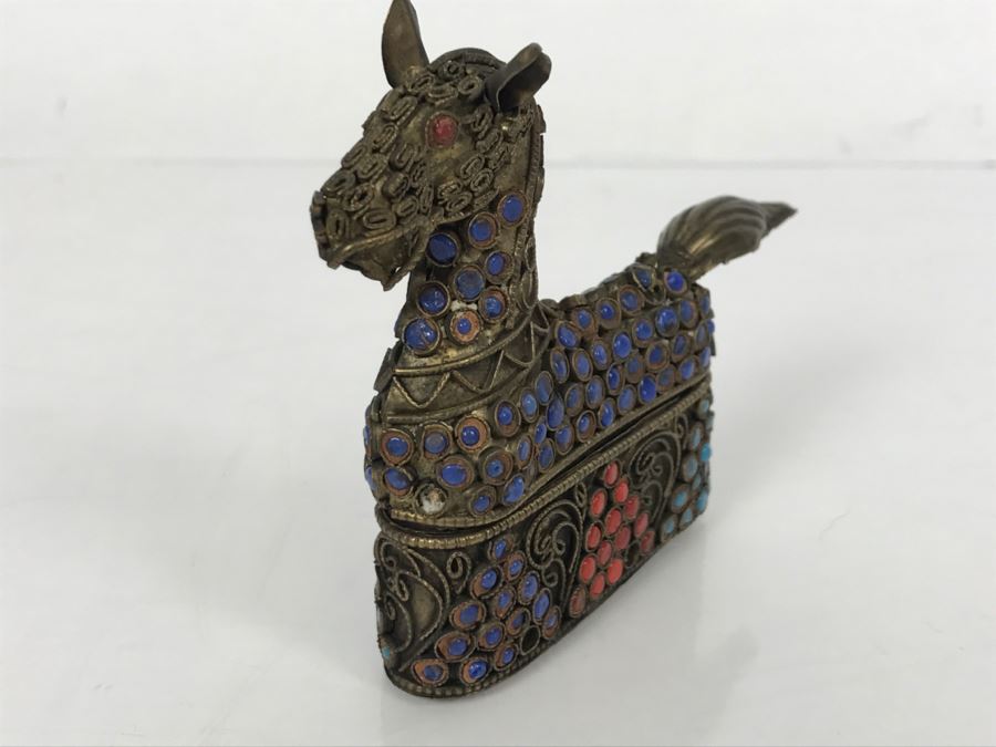 Old Nepalese Tibetan Brass Filigree Horse Trinket Box With Inlayed Coral, Turquoise And Lapis Lazuli [Photo 5]