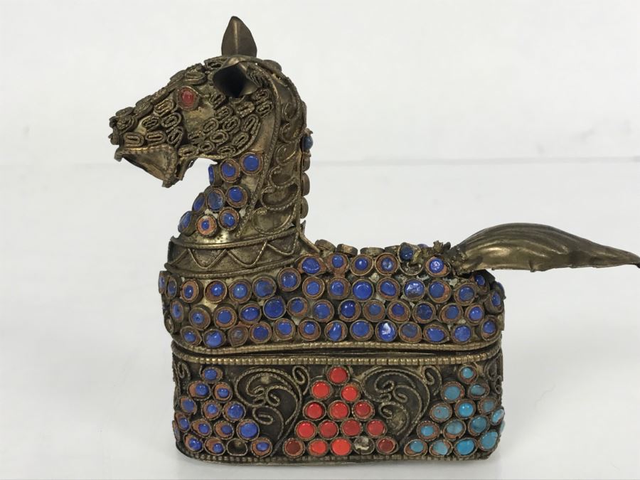 Old Nepalese Tibetan Brass Filigree Horse Trinket Box With Inlayed Coral, Turquoise And Lapis Lazuli
