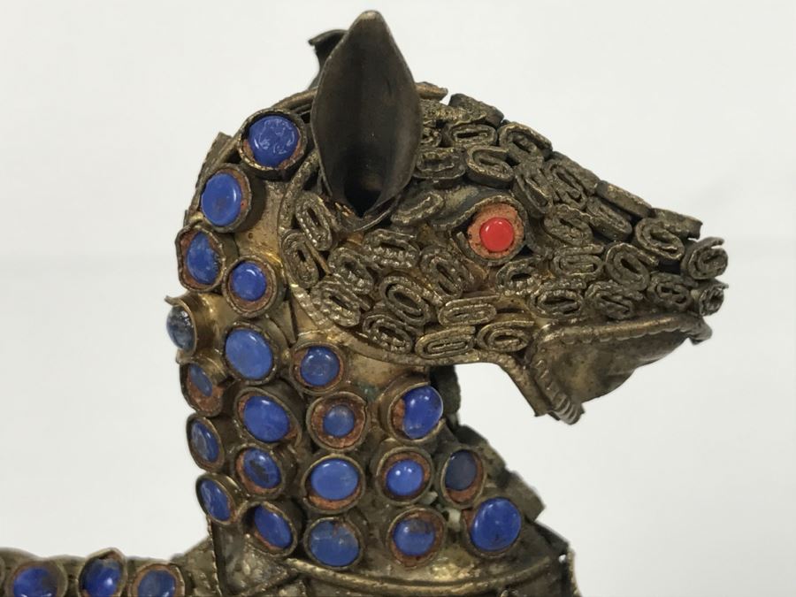 Old Nepalese Tibetan Brass Filigree Horse Trinket Box With Inlayed Coral, Turquoise And Lapis Lazuli [Photo 10]