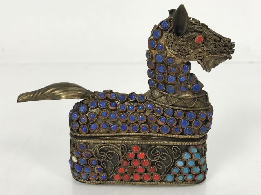 Old Nepalese Tibetan Brass Filigree Horse Trinket Box With Inlayed Coral, Turquoise And Lapis Lazuli [Photo 8]
