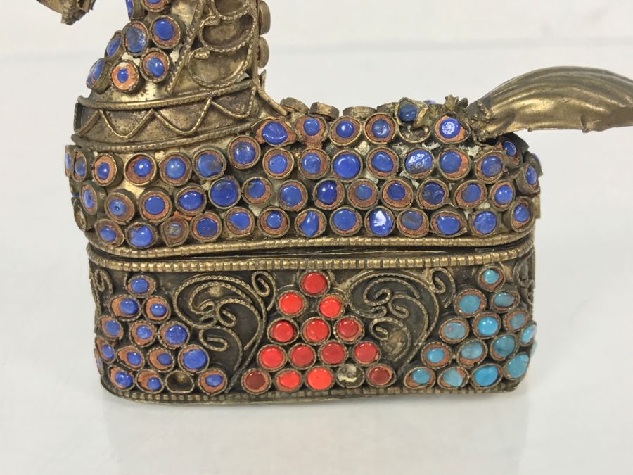 Old Nepalese Tibetan Brass Filigree Horse Trinket Box With Inlayed Coral, Turquoise And Lapis Lazuli [Photo 3]
