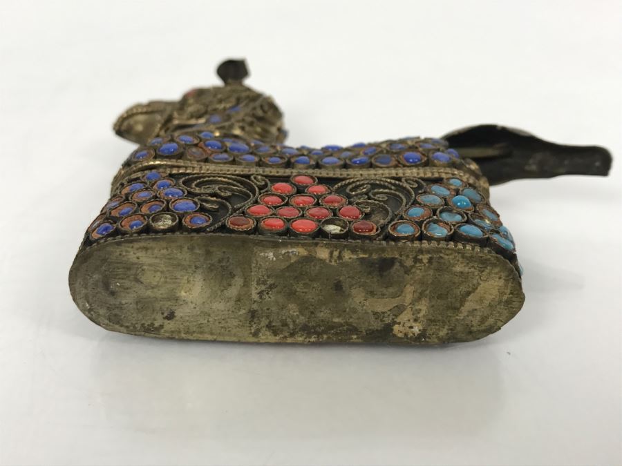 Old Nepalese Tibetan Brass Filigree Horse Trinket Box With Inlayed Coral, Turquoise And Lapis Lazuli [Photo 13]