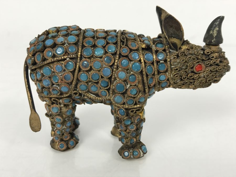 Old Nepalese Tibetan Brass Filigree Rhinoceros With Inlayed Turquoise And Coral [Photo 8]