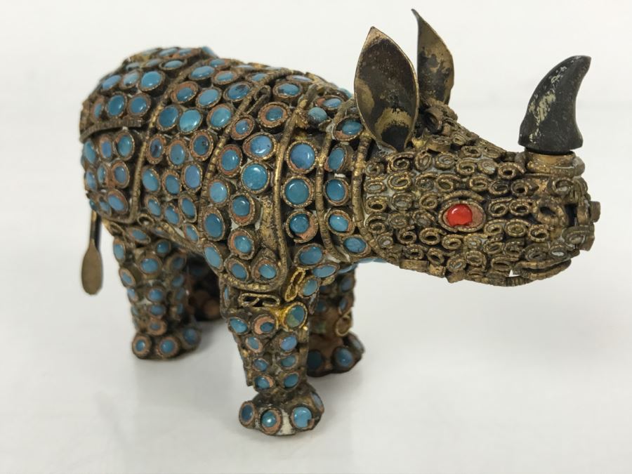 Old Nepalese Tibetan Brass Filigree Rhinoceros With Inlayed Turquoise And Coral [Photo 7]