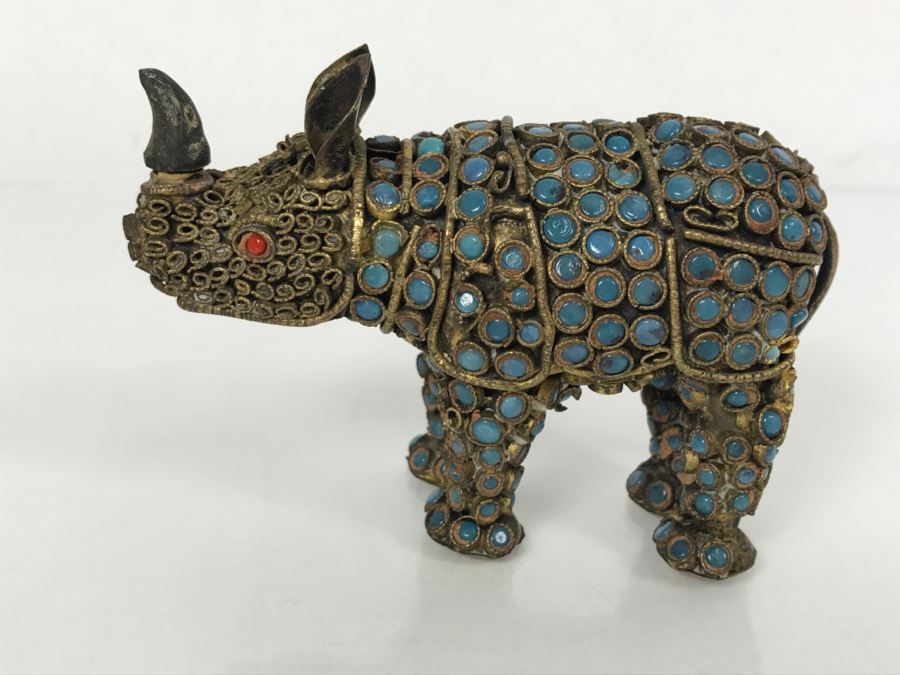 Old Nepalese Tibetan Brass Filigree Rhinoceros With Inlayed Turquoise And Coral [Photo 1]