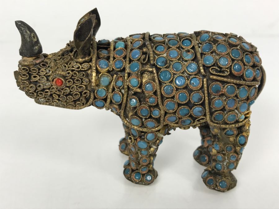 Old Nepalese Tibetan Brass Filigree Rhinoceros With Inlayed Turquoise And Coral [Photo 3]