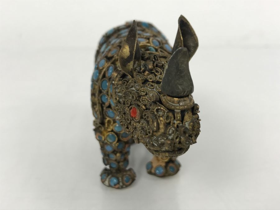 Old Nepalese Tibetan Brass Filigree Rhinoceros With Inlayed Turquoise And Coral [Photo 6]