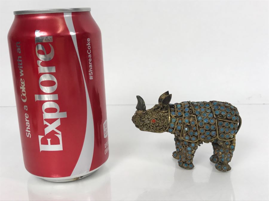 Old Nepalese Tibetan Brass Filigree Rhinoceros With Inlayed Turquoise And Coral [Photo 2]