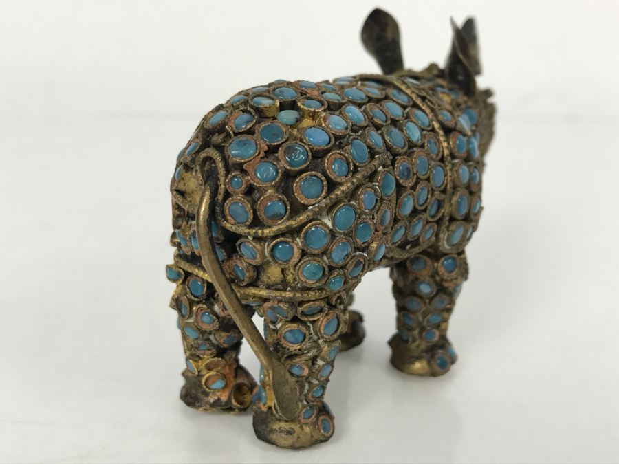 Old Nepalese Tibetan Brass Filigree Rhinoceros With Inlayed Turquoise And Coral [Photo 9]