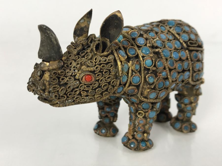 Old Nepalese Tibetan Brass Filigree Rhinoceros With Inlayed Turquoise And Coral [Photo 4]