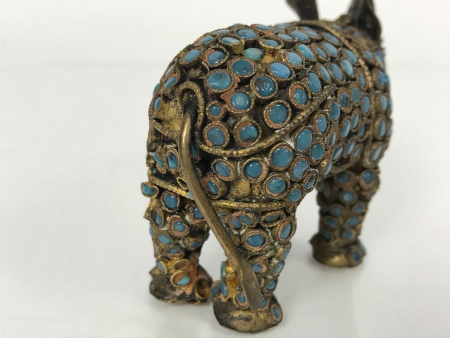 Old Nepalese Tibetan Brass Filigree Rhinoceros With Inlayed Turquoise And Coral [Photo 10]