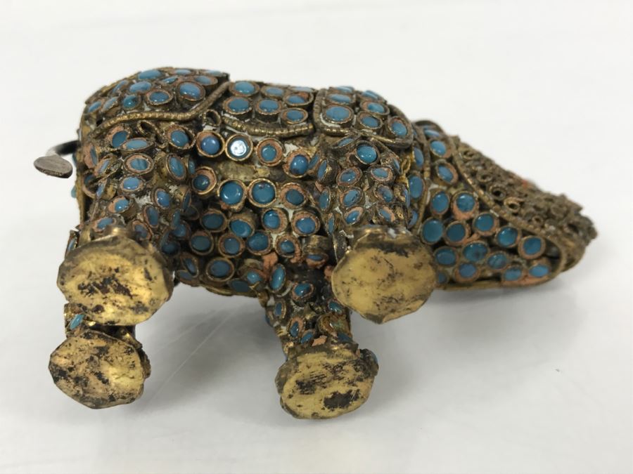 Old Nepalese Tibetan Brass Filigree Rhinoceros With Inlayed Turquoise And Coral [Photo 11]