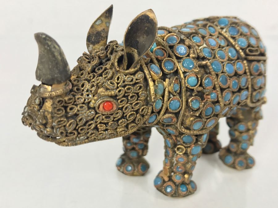 Old Nepalese Tibetan Brass Filigree Rhinoceros With Inlayed Turquoise And Coral [Photo 5]