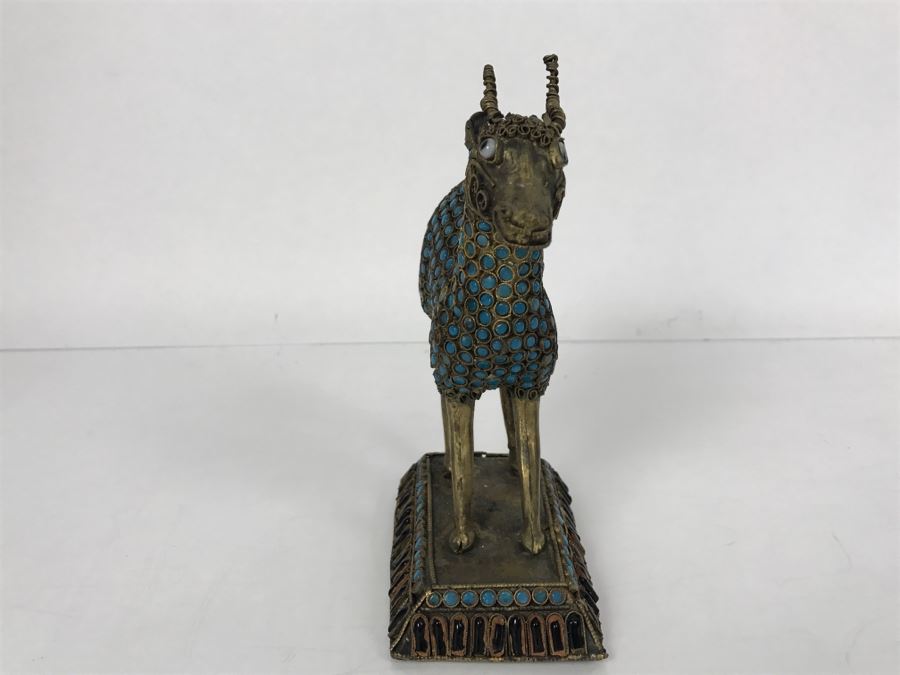 Old Nepalese Tibetan Brass Filigree Antelope Deer With Inlayed Turquoise And Black Stones [Photo 10]