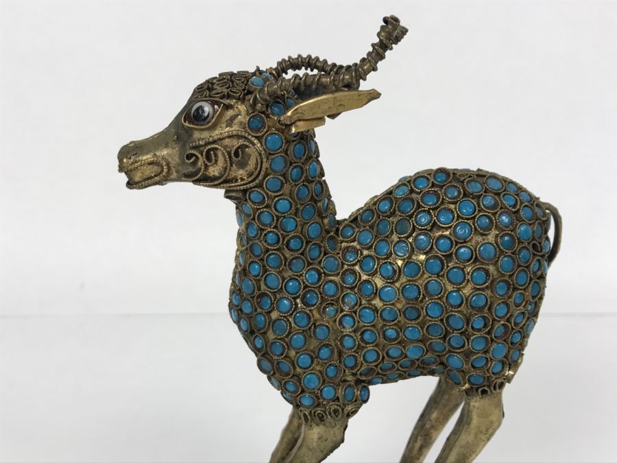 Old Nepalese Tibetan Brass Filigree Antelope Deer With Inlayed Turquoise And Black Stones [Photo 3]
