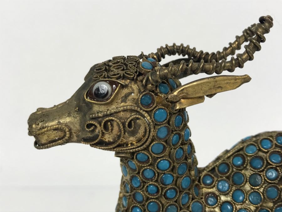 Old Nepalese Tibetan Brass Filigree Antelope Deer With Inlayed Turquoise And Black Stones [Photo 4]