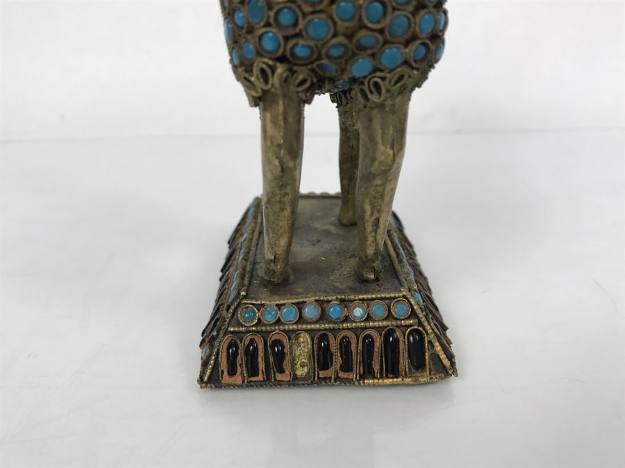 Old Nepalese Tibetan Brass Filigree Antelope Deer With Inlayed Turquoise And Black Stones [Photo 17]