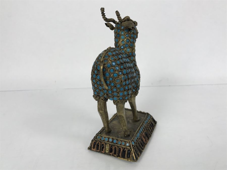 Old Nepalese Tibetan Brass Filigree Antelope Deer With Inlayed Turquoise And Black Stones [Photo 14]