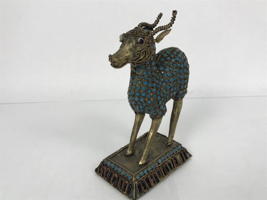 Old Nepalese Tibetan Brass Filigree Antelope Deer With Inlayed Turquoise And Black Stones [Photo 7]