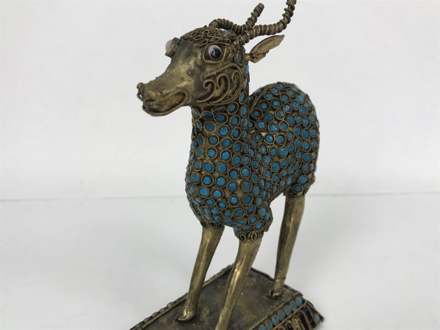 Old Nepalese Tibetan Brass Filigree Antelope Deer With Inlayed Turquoise And Black Stones [Photo 8]
