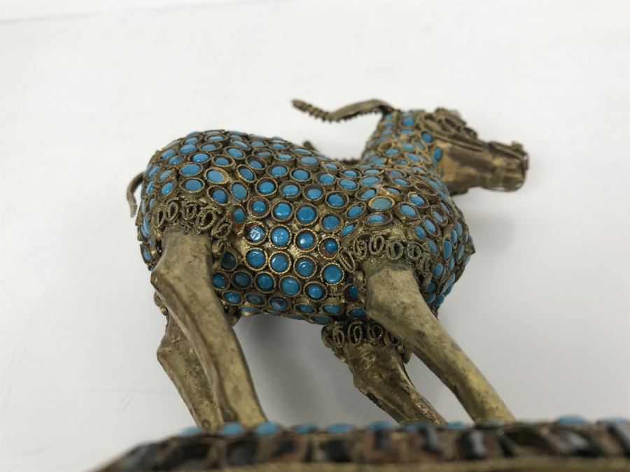 Old Nepalese Tibetan Brass Filigree Antelope Deer With Inlayed Turquoise And Black Stones [Photo 19]