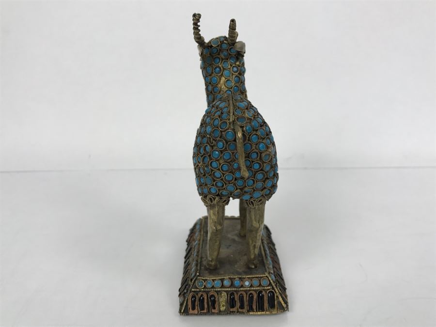 Old Nepalese Tibetan Brass Filigree Antelope Deer With Inlayed Turquoise And Black Stones [Photo 15]